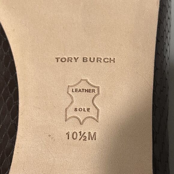 Tory Burch Ballet Flats 10.5 Georgia Square Toe Snakeskin Embossed Leather Brown - Picture 11 of 13